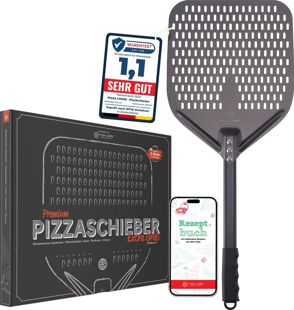 Pizza Lover hochwertiger Pizzaschieber perforiert 35 x 35 cm Pizzaschaufel aus harteloxiertem Aluminium (Antihaft) Pizzaheber für hausgemachte P...