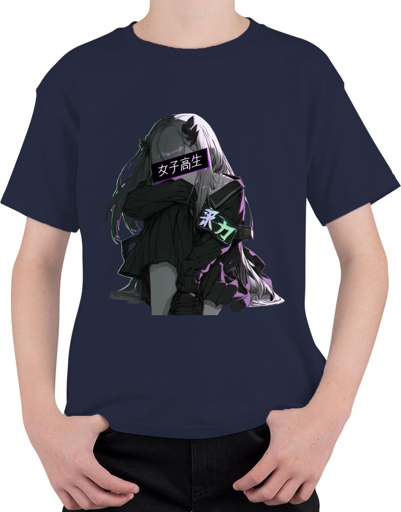 女子高生 Anime Gothic Emo Traurig Vaporwave Neon Ästhetisch Kawaii Uni Kinder T-Shirt, Navy, 116