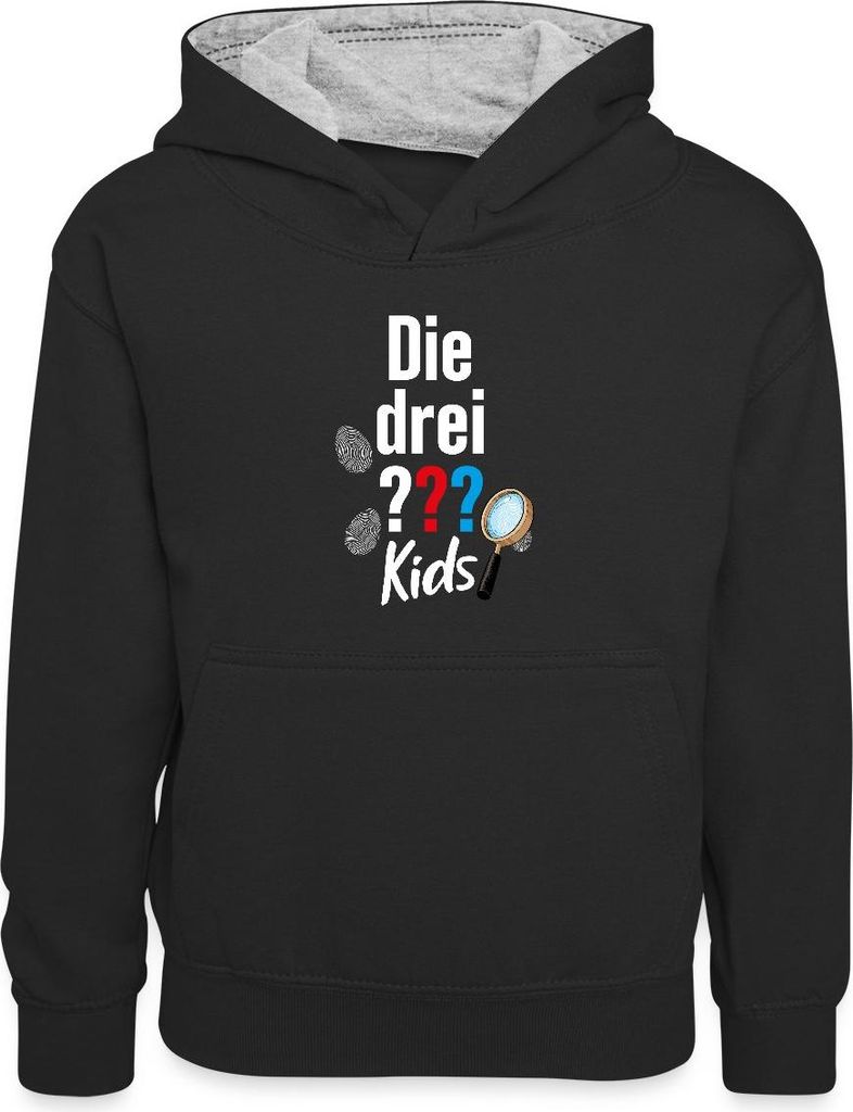 Spreadshirt Die Drei Fragezeichen Kids Logo und Gadgets Kinder Kontrast-Hoodie, XS (3/4 years), Schwarz/Grau meliert