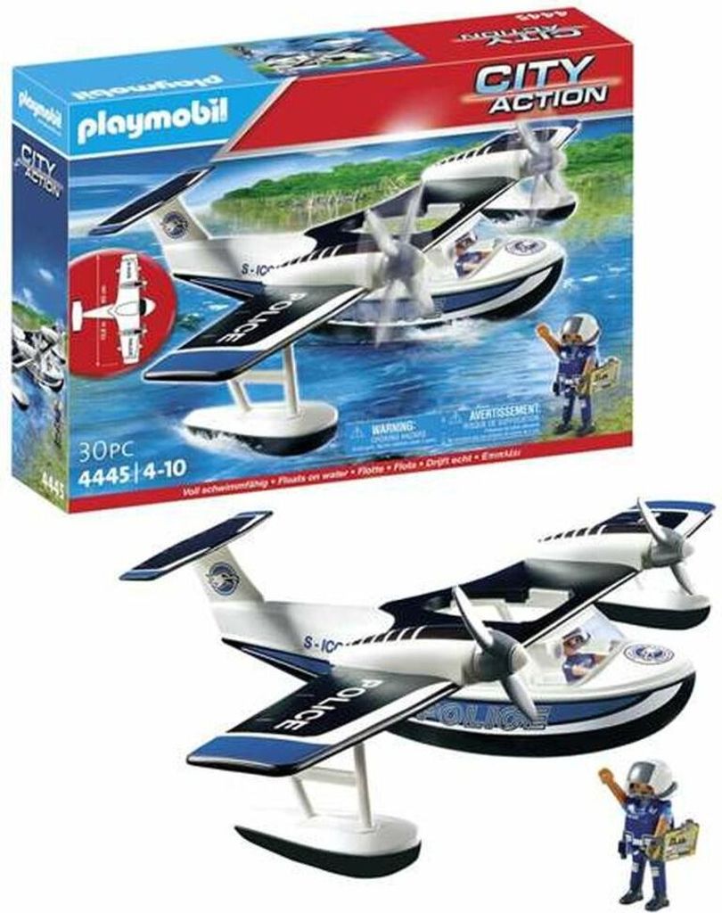A Playmobil police seaplane toy set, shown both in its packaging and as a separate assembled toy with a figure.