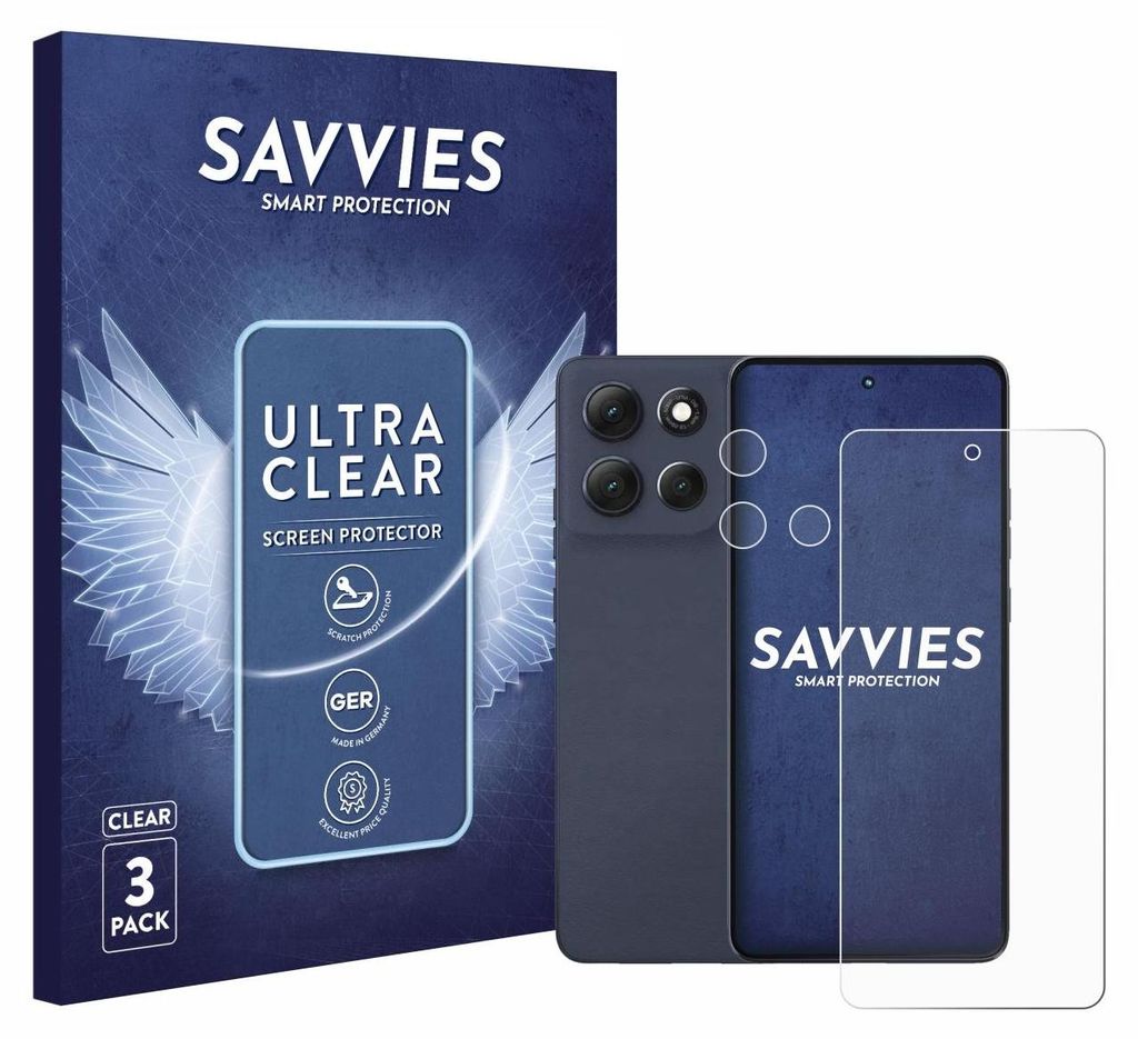 A product shot of a phone screen protector packaging and a phone with a screen protector applied.