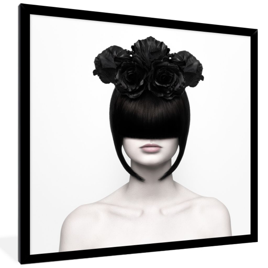 MuchoWow Gerahmtes Poster Porträt - Frau - Rosen - Abstrakt - Schwarz-Weiß 40x40 cm - Poster mit Schwarzem Bilderrahmen Wandposter Rahmen Foto ...