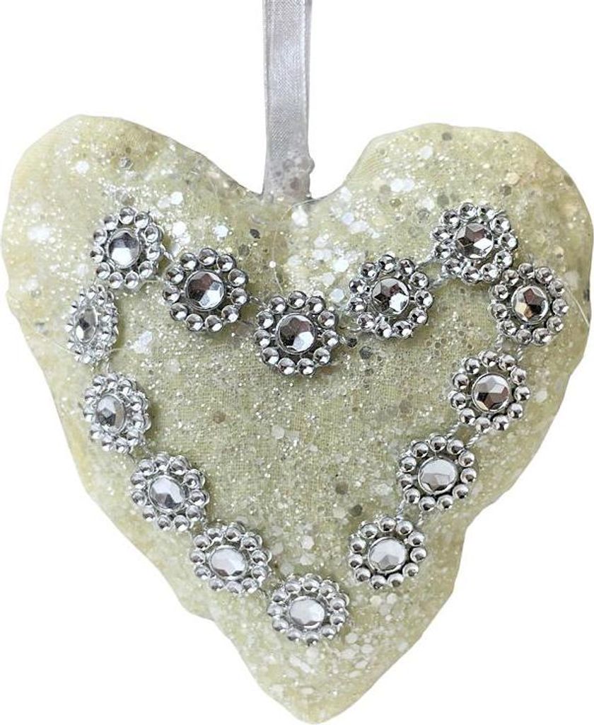 Herz mit Zirkonias - cremefarbener Weihnachtsbaumanhänger 10 cm
