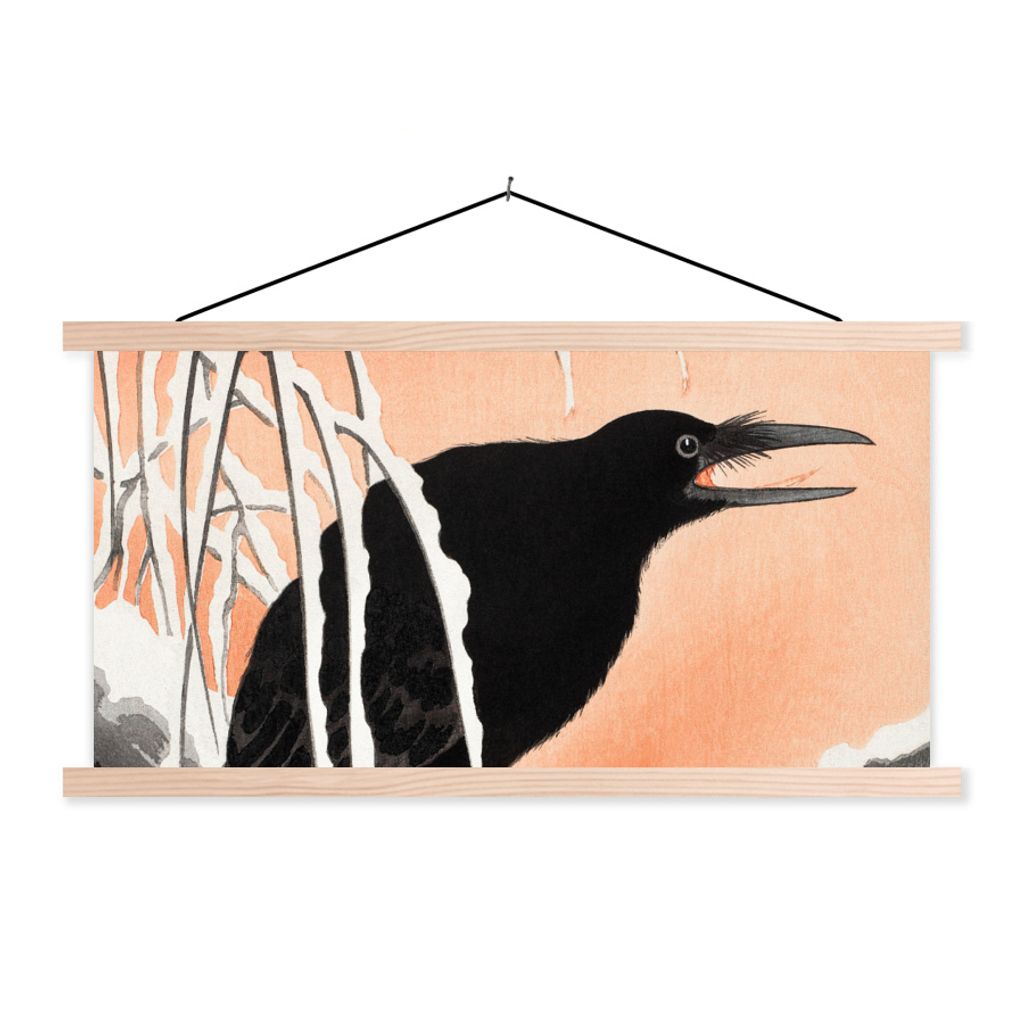 MuchoWow Textilposter Krähe - Vogel - Vintage - Skandinavisch 120x60 cm mit holzfarbenen Rahmen - Klemmleiste