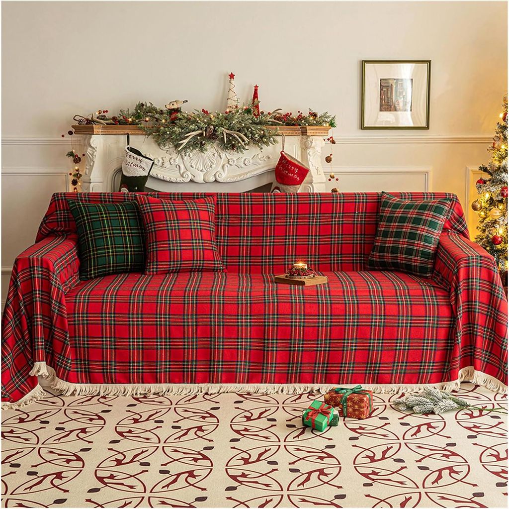 Weihnachts-Sofaüberwurf, Tagesdecke, Chenille-Quasten-Überwurfdecke, Sofabezug, Weihnachts-Sofaüberwurf-Schutz, Weihnachtsdekoration (Rot, 180x2...