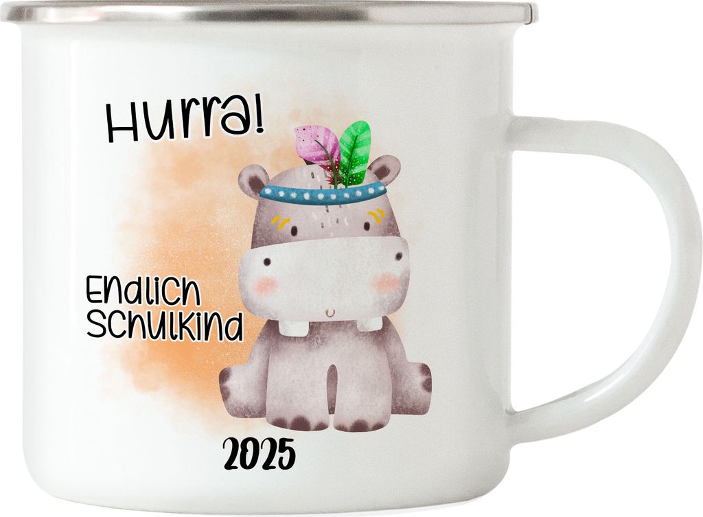 Endlich Schulkind 2025 Nilpferd Emaille Tasse Schuleinführung Sohn Tochter Geschenk Schulanfang Erstklässler