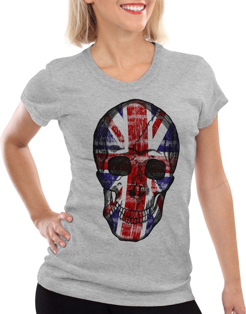 style3 Great Britain Skull Damen T-Shirt Totenkopf England Flagge Oberteil Jack Union Kostüm, Farbe:Grau meliert, Größe:M