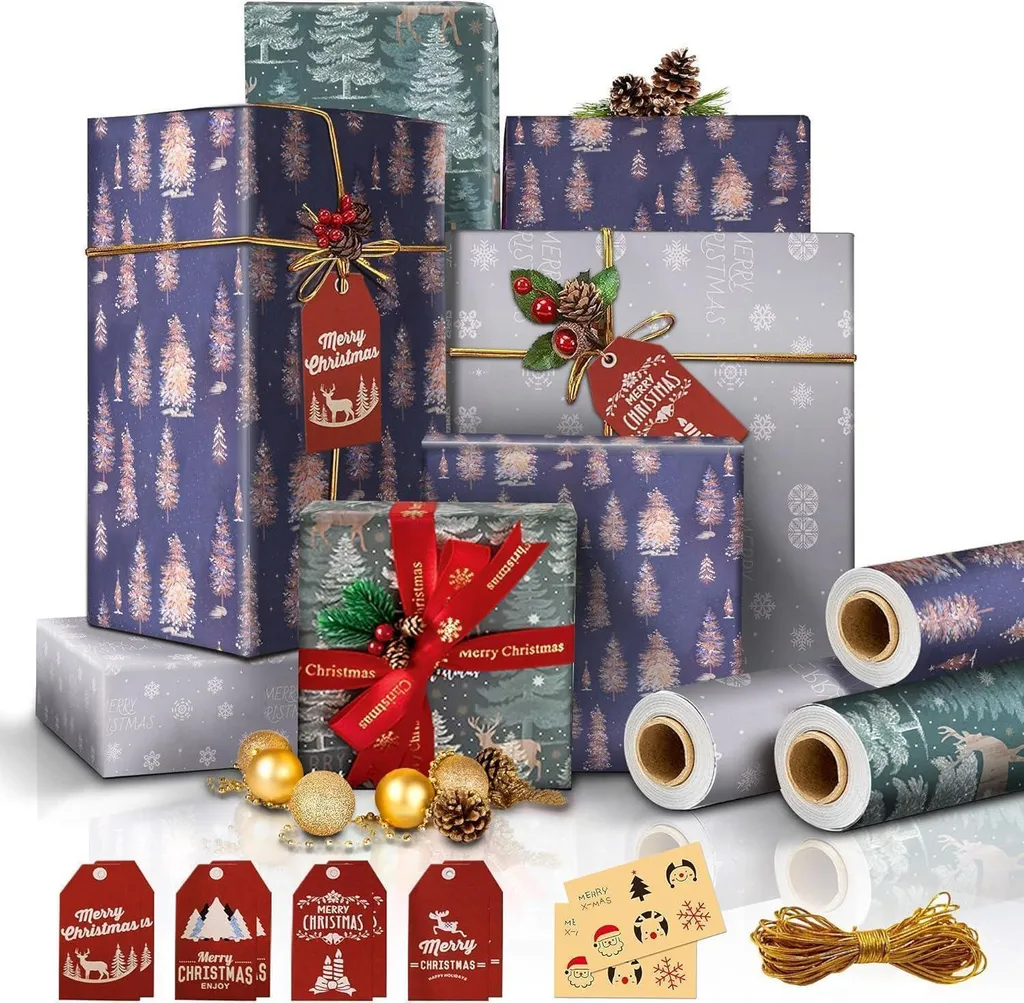 Set de papier cadeau de Noël avec rubans et étiquettes - 10 feuilles