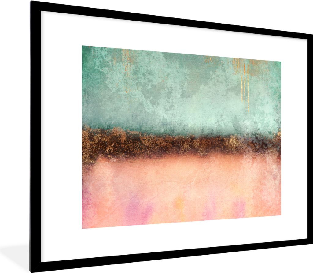 MuchoWow Gerahmtes Poster Gold - Farbe - Abstrakt - Grün - Rosa 80x60 cm - Poster mit Schwarzem Bilderrahmen Wandposter Rahmen Foto Bilder - Sch...