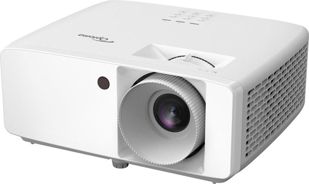 A white Optoma projector is shown from a front-diagonal angle against a white background.