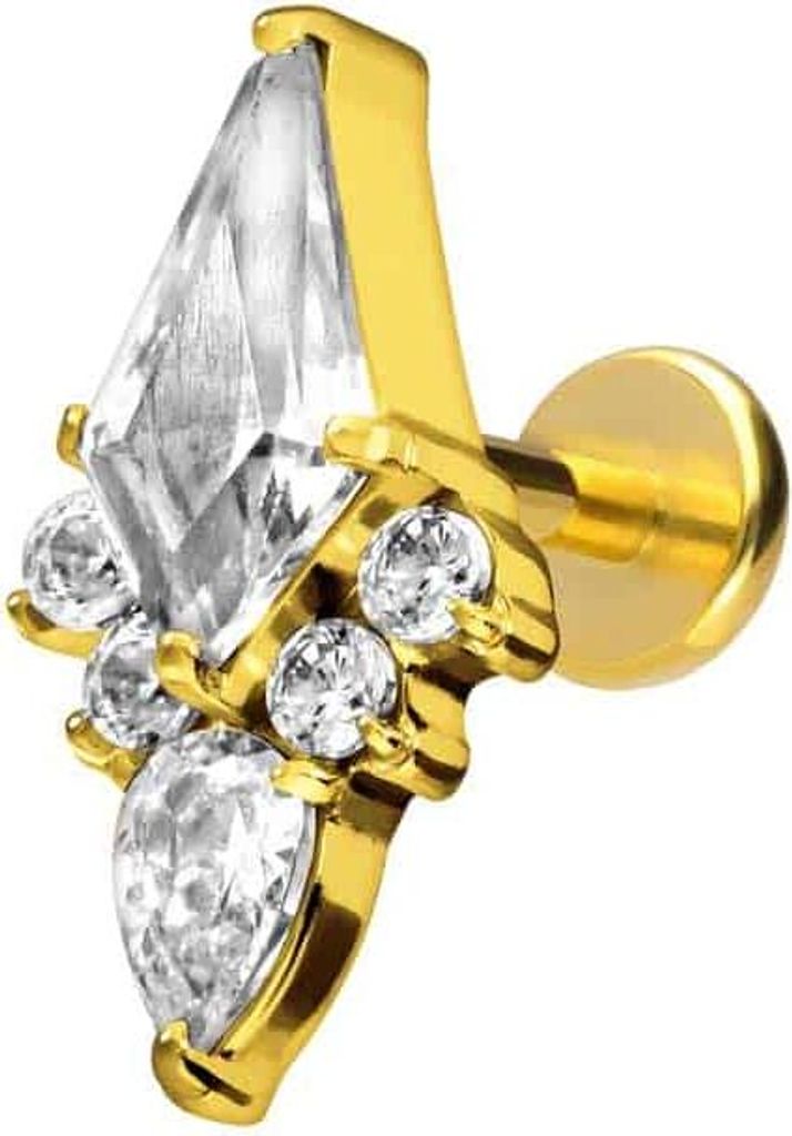 Ohrpiercing, Nasenpiercing Titan Labret mit Push Fit KRISTALLSCHILD Gold Stablänge: 8mm | Stabstärke: 1mm