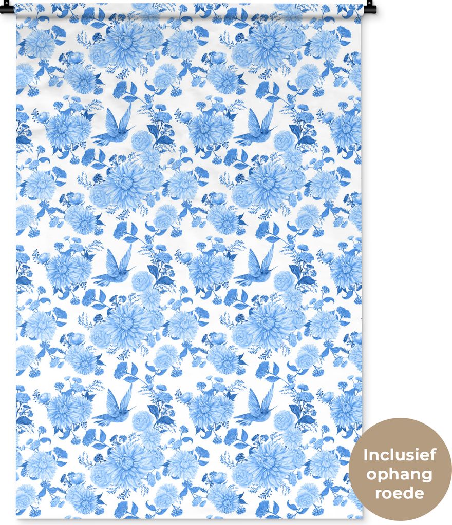 MuchoWow Wandteppich Wandbehang Blumen - Rosen - Vögel - Blau 90x135 cm Tapisserie Dekoration Wandtuch - Baumwolle - Wandskulptur
