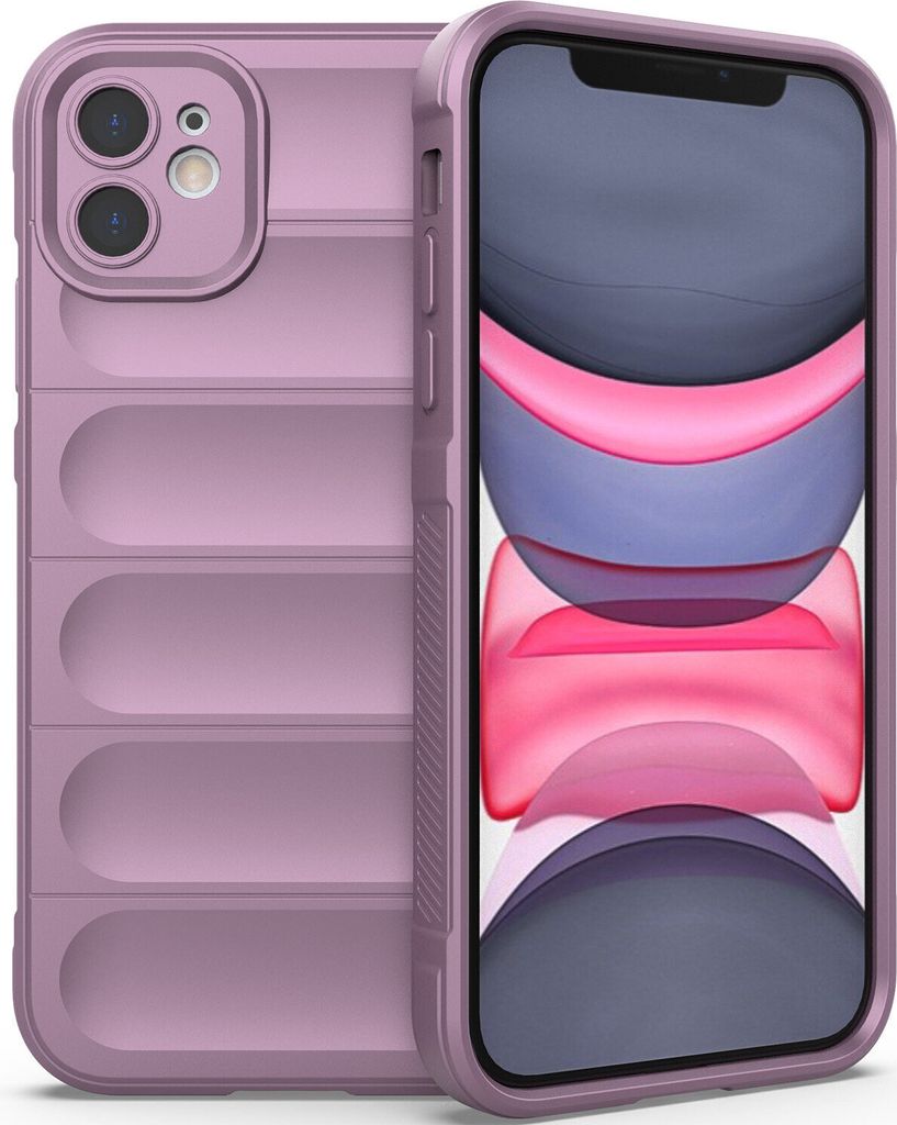 A purple iPhone 11 case is shown next to an iPhone 11.