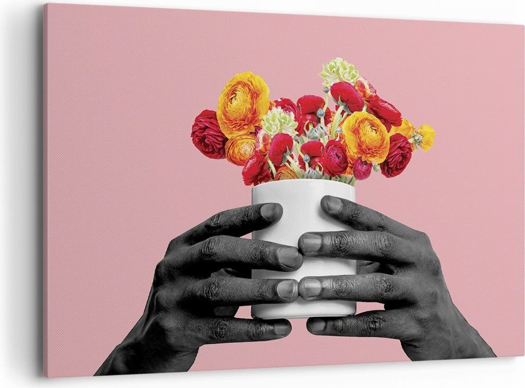 Bild auf Leinwand - Leinwandbild - Einteilig - Schwarz Hände Blumen - 100x70cm - Wand Bild - Wanddeko - Wandbilder - Leinwanddruck - Bilder - Wand...