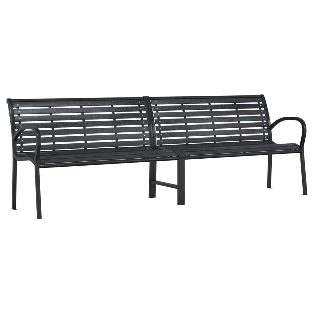 A black metal garden bench with two seating sections, shown against a white background.
