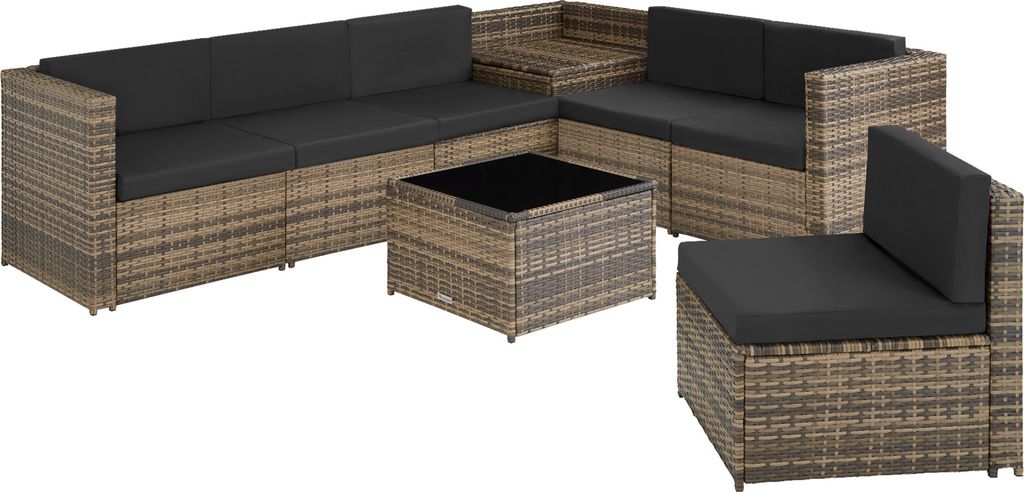 tectake Rattan Lounge – große, modulare Sitzgruppe aus UV-beständigem Polyrattan mit Stauraum, helles Naturell