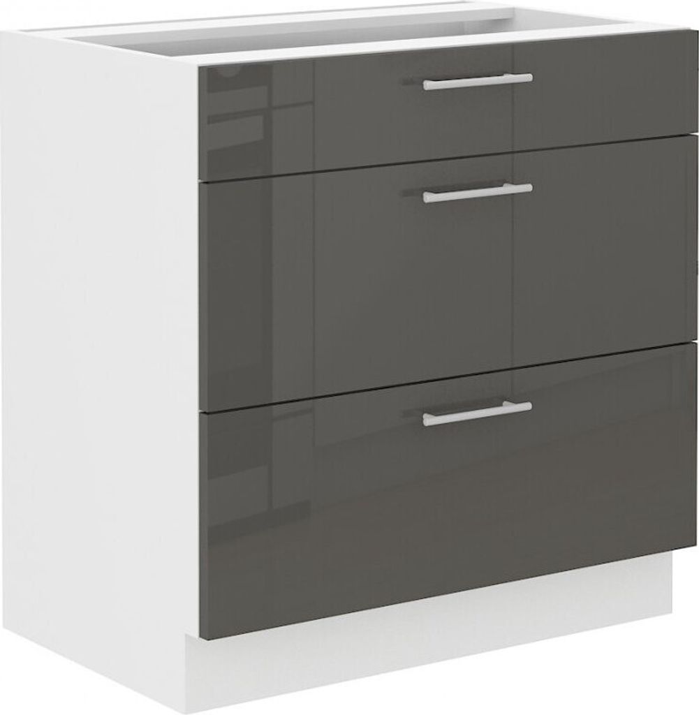A three-drawer cabinet with a white exterior and gray drawer fronts.