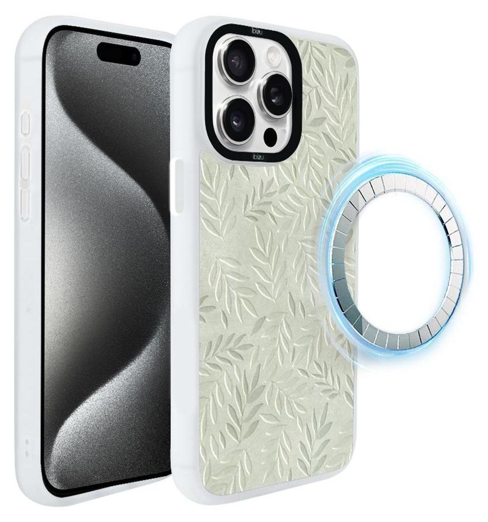 Schutzhülle für das iPhone 15 Pro, MagSafe-kompatibel, mattweiße Seiten, Olivenblätter