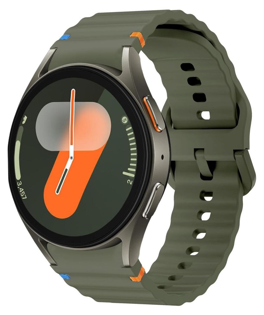 A close-up, studio shot of a smartwatch with a green silicone band.