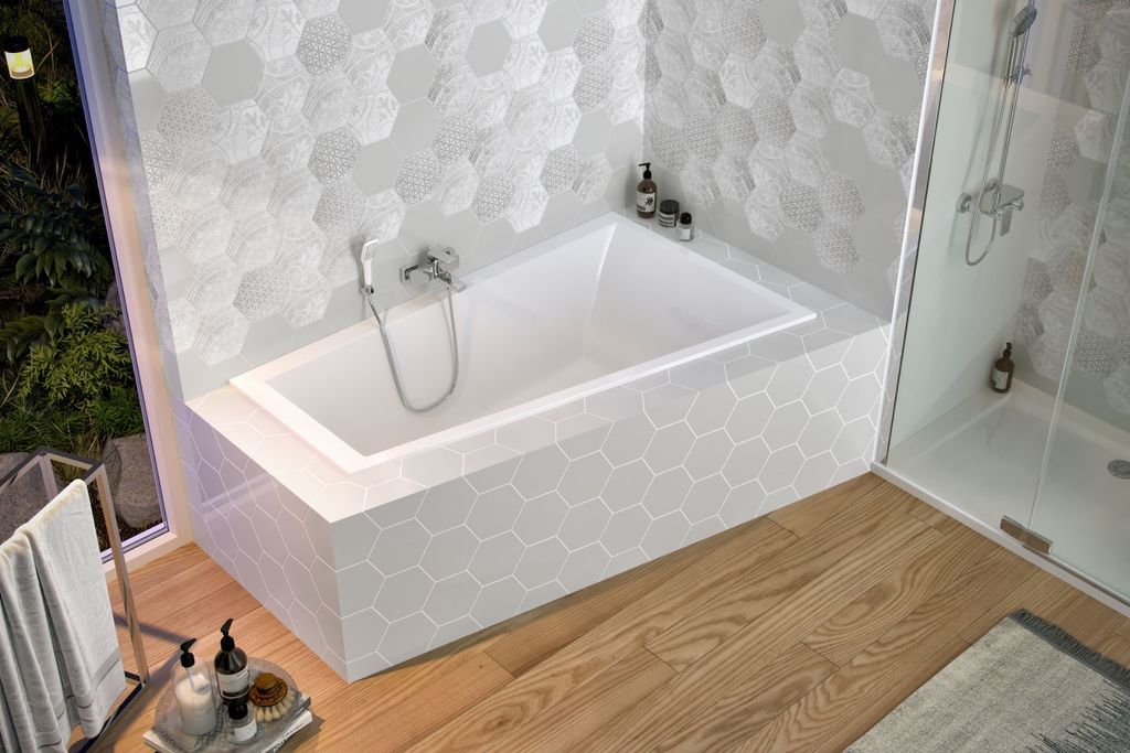 Badewanne Sfera 160 X 95 cm rechts Eckbadewanne Trapez Wanne Trapezbadewanne eckig modern Acryl Füße Ablaufgarnitur Silikon