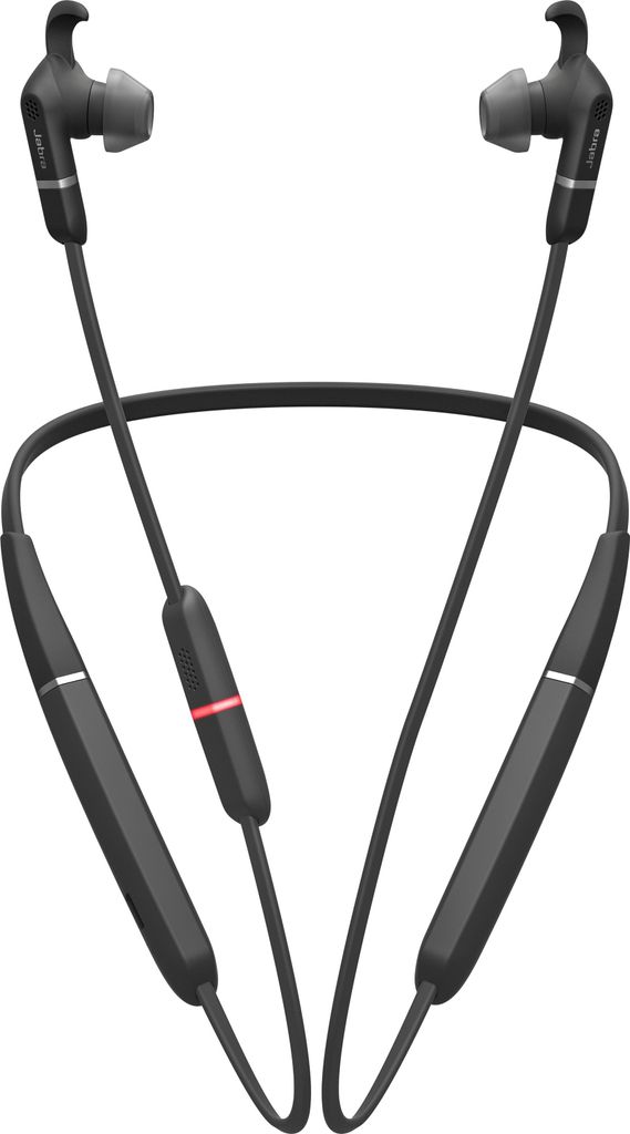 A pair of black wireless earbuds with a neckband.