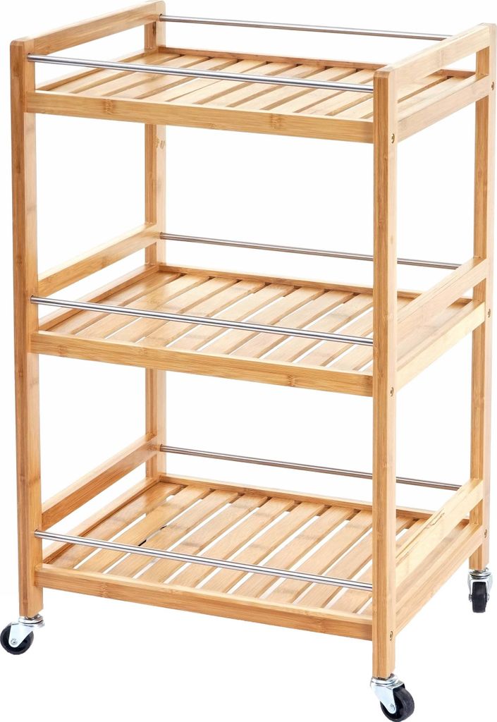 Rollwagen HWC-D91, Rollregal Allzweckwagen Bücherregal, 3 Ebenen Bambus 76x46x38cm
