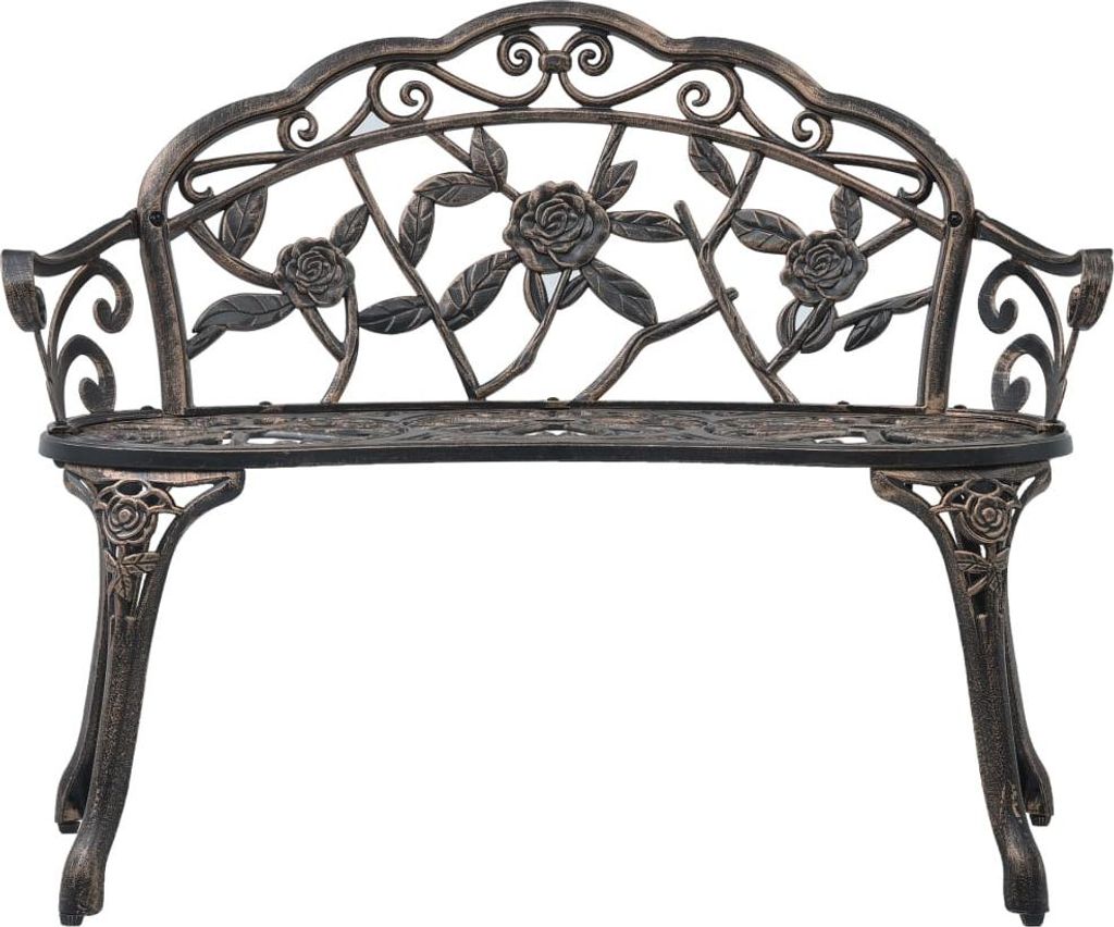 A bronze-colored garden bench with ornate rose and leaf detailing.
