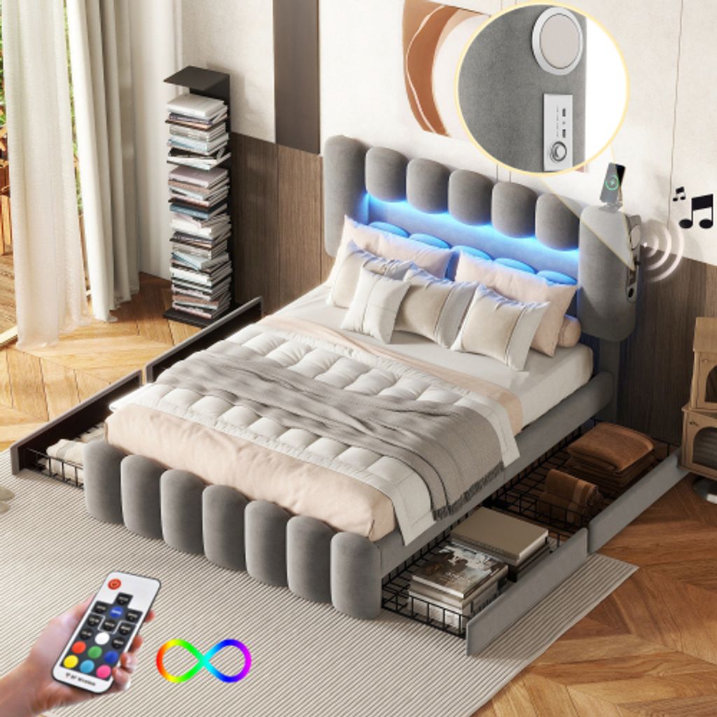 ProximaX Polsterbett 140x200 cm LED Doppelbett mit Stauraum, Stauraumbett mit Lattenrost, 4 Schubladen, Stereoanlage & USB-Ladefunktion, Bettrahmen...