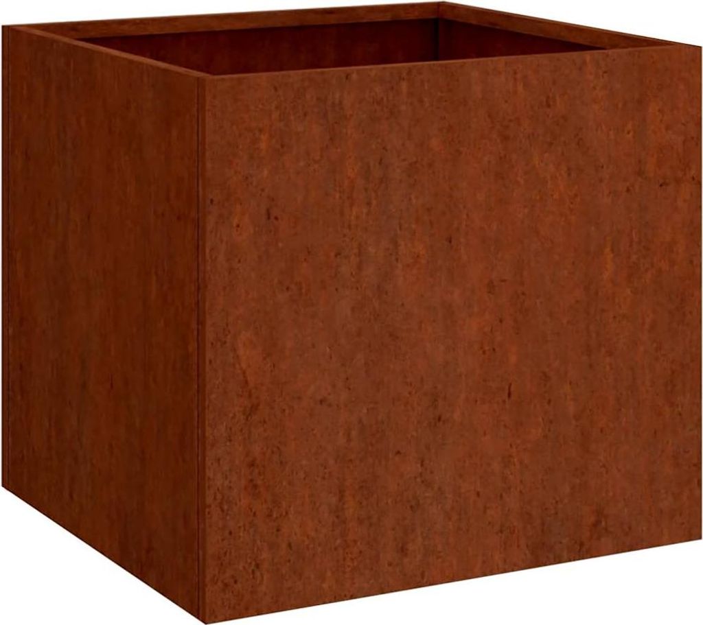 A square planter made of corten steel.