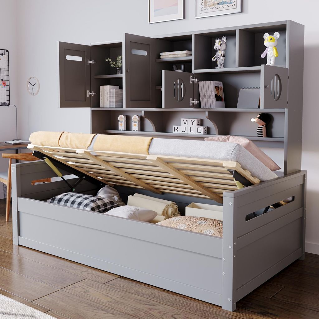 Schlafsofa Holz, Daybed 90x200, Jugendbett Grau, Hydraulikbett 90x200, Bett mit Schrank, Stauraumbett, Einzelbett Massivholz, Kiefernbett, Funktion...