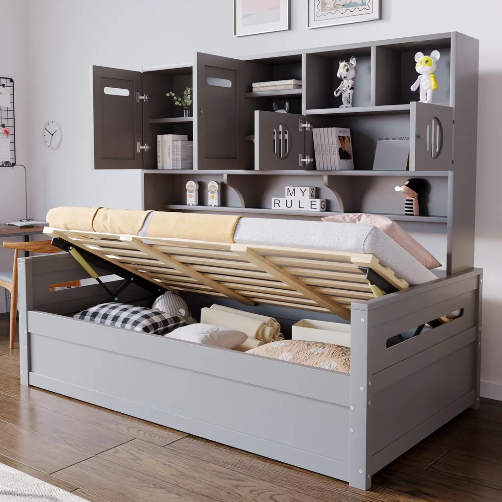 Cadre de lit coffre 90x200 cm Sweiko gris pour optimiser petits espaces