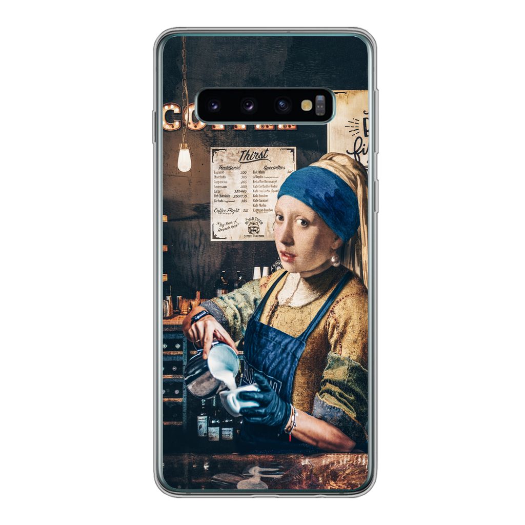 MuchoWow Handyhülle Schutzhülle Hülle für Samsung Galaxy S10 Mädchen mit Perlenohrring - Cappuccino - Barista - Vermeer - Kaffee - Gemälde ...