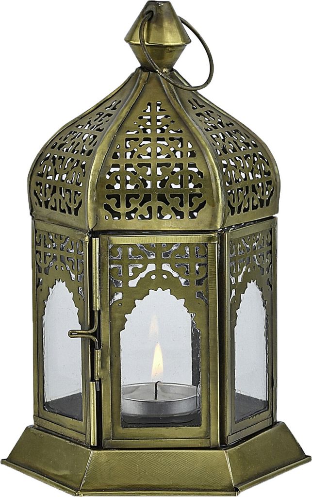 Marrakesch Boho Deko Teelichthalter Windlicht aus Metall & Glas Khatija 20cm | Orientalische Kerzenhalter Laterne modern als Marokkanische Balkon G...