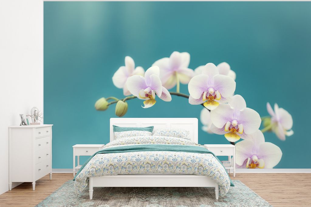 MuchoWow Fototapete für Wohnzimmer oder Schlafzimmer Wandtapete Vinyl Motivtapete Orchidee - Blumen - Pflanze - Weiß - Lila - 350x260 cm - Wohn...