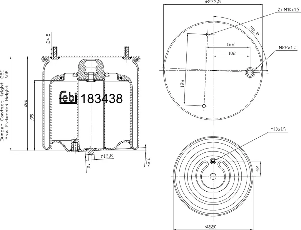 Coussin de Suspension Pneumatique DAF CF 183438 Avant Droit 256-605 mm