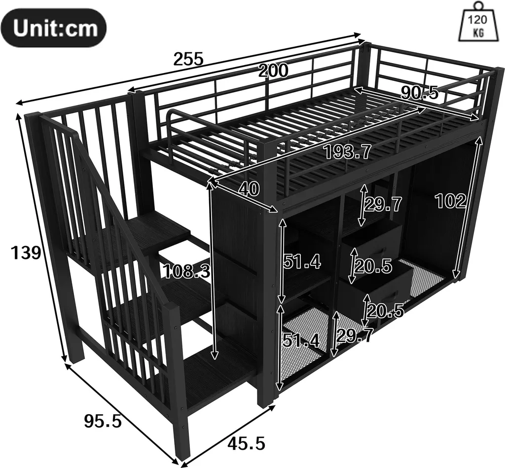 Lit Superposé 90x200 avec LED et Compartiments de Rangement Design Noir - 5