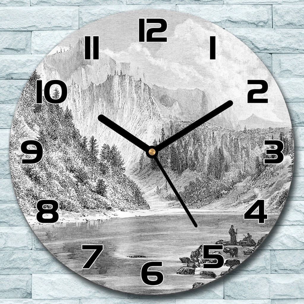 Wanduhr aus Glas Rund fi 30 Gezeichnete Berge Quarz Deko Schlafzimmer Büro