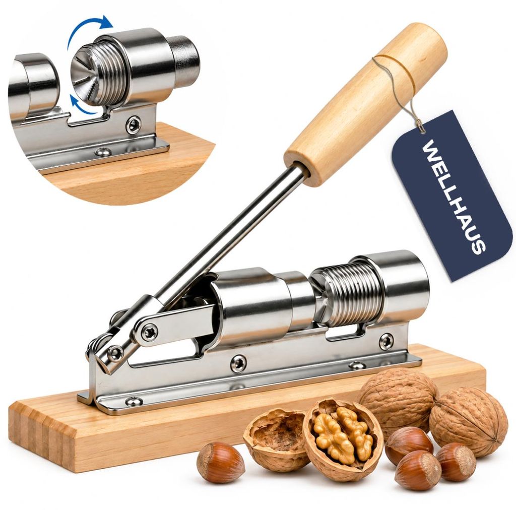 WELLHAUS Nussknacker Hebel Holzsockel verstellbar Walnuss Produktbild 