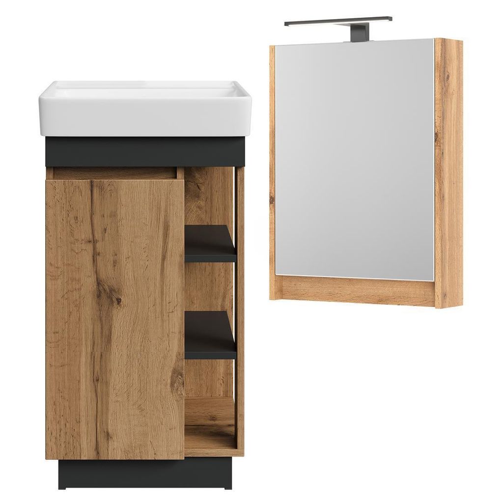 Planetmöbel Badmöbel-Set Nyx Waschtisch 50 cm mit Spiegelschrank Wotan Eiche / Anthrazit