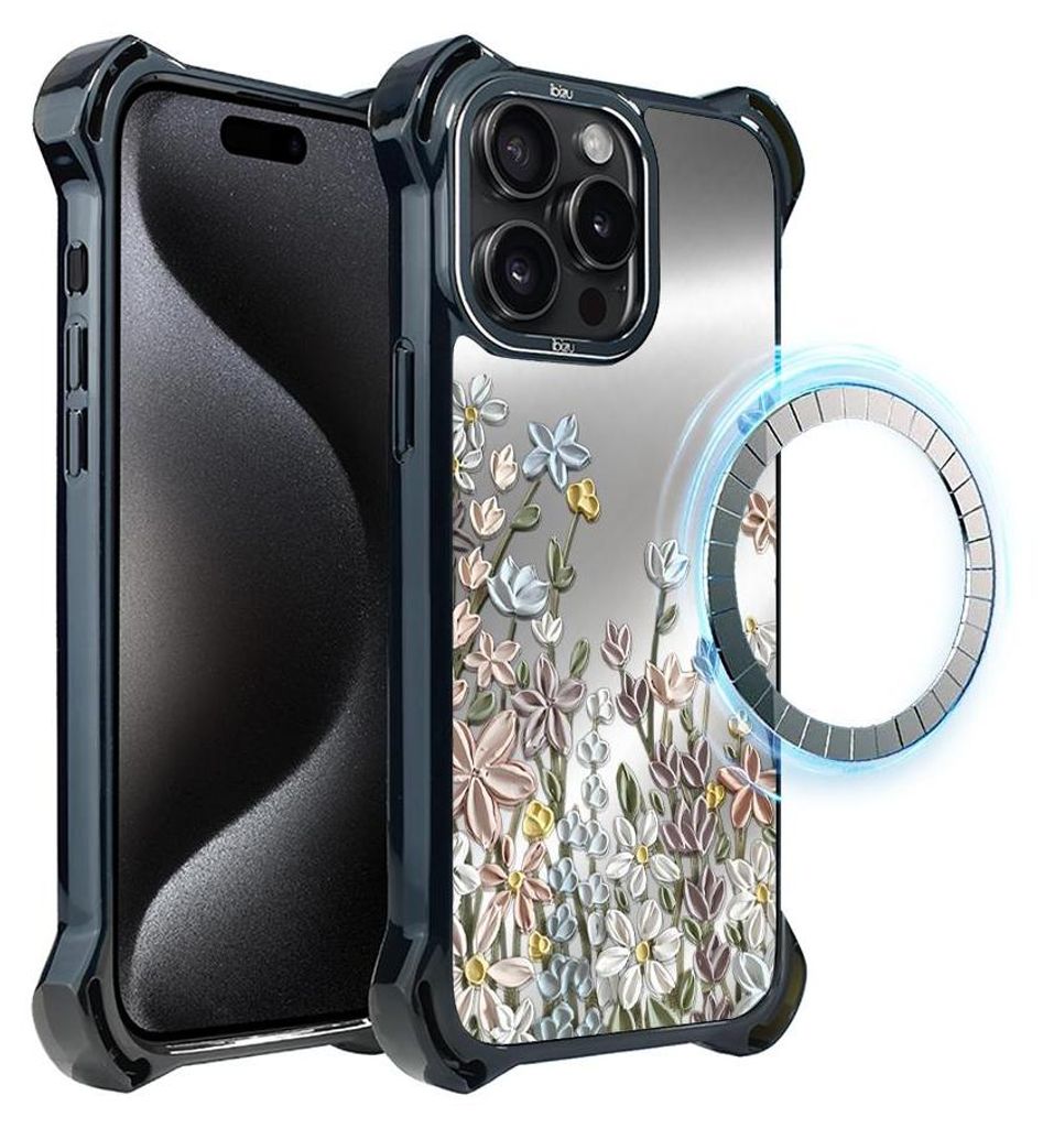 Schutzhülle für das iPhone 15 Pro Max, MagSafe-kompatibel, verstärkte Ecken, schwarz, Wiese, Blumen