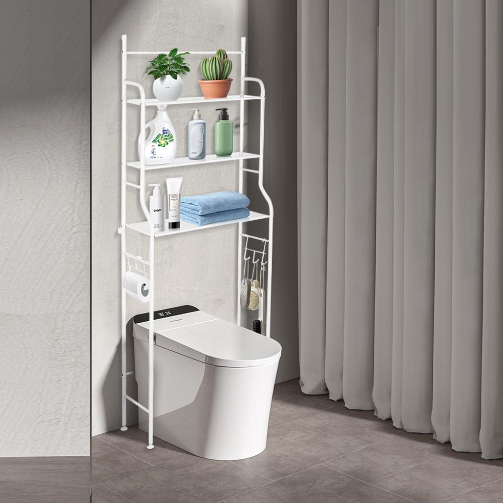 Toilettenregal Badezimmerregal Platzsparendes WC Stand mit Haken Vielseitiges Standregal Weiß