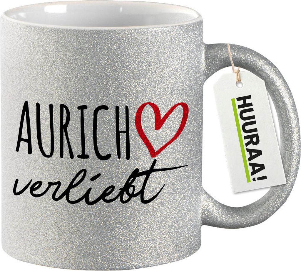 Huuraa Glitzertasse Aurich verliebt 330ml Silber Keramik Kaffeebecher Geschenkidee