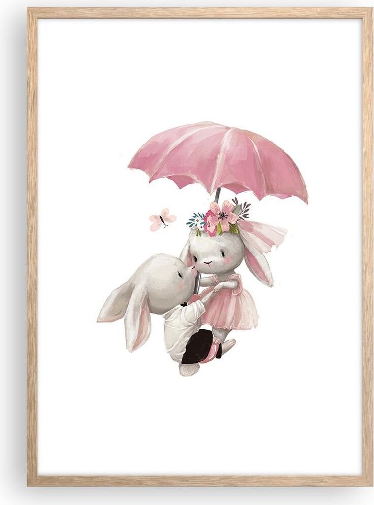 Gerahmtes Poster - Rahmen in heller Eiche - Hasen Regenschirm Kinder - 50x70 cm - Wand Bild - Wanddeko - Wandbilder - Kunstposter - Wandposter - Bi...