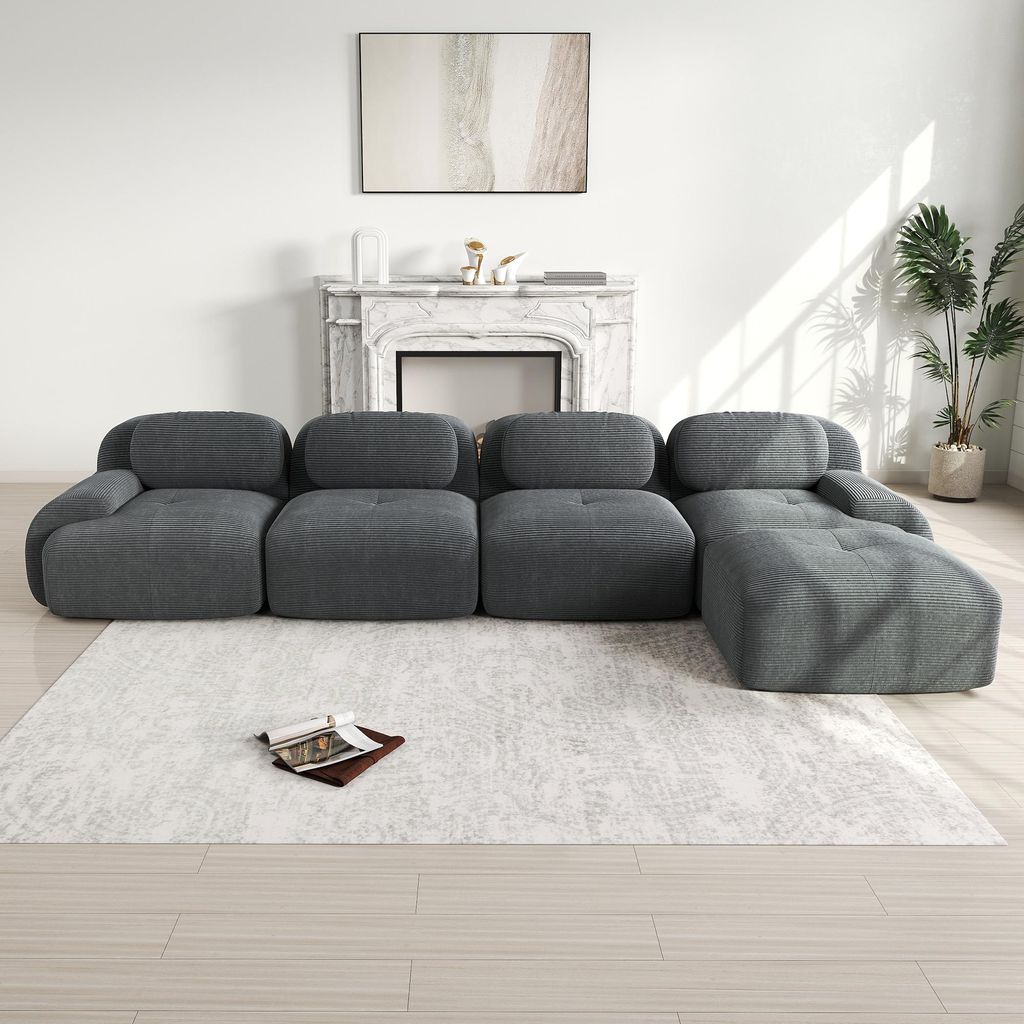 Rahmenloses Sofa, Modulares 4-Sitzer-Ecksofa, aus Cord, 32D-Sitzfläche, L-förmige Polstergarnitur für das Wohnzimmer, keine Montage erforderlich
