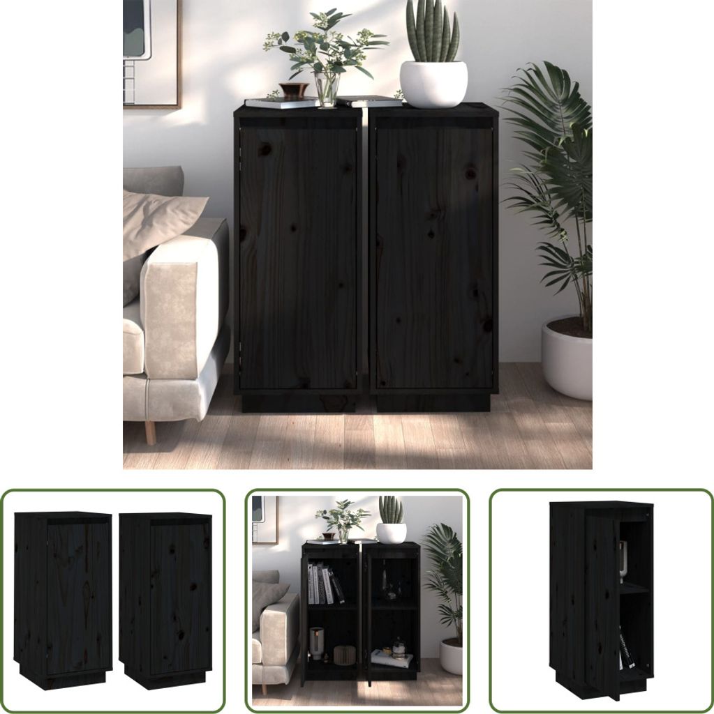The Living Store Sideboards 2 Stk. Schwarz 31,5x34x75 cm Massivholz Kiefer