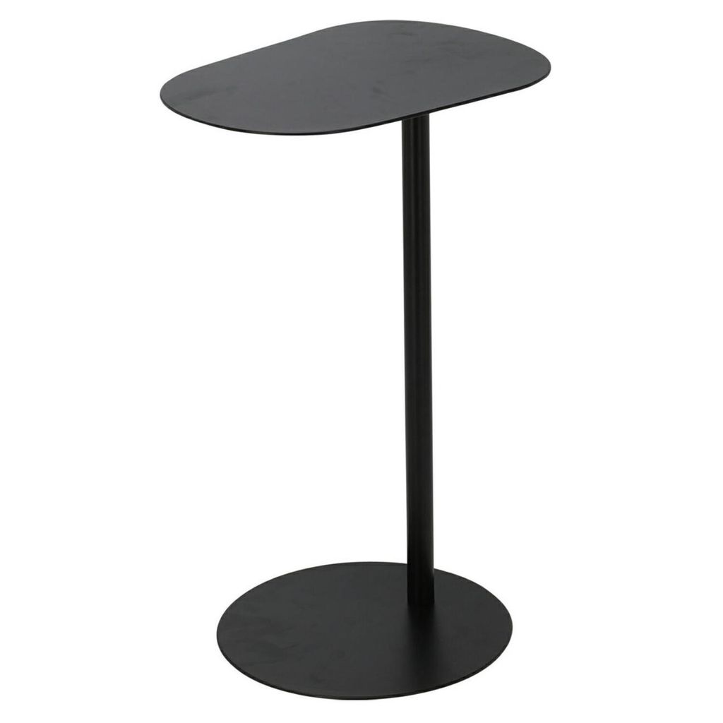 A black metal side table with a rounded rectangular top and a circular base.