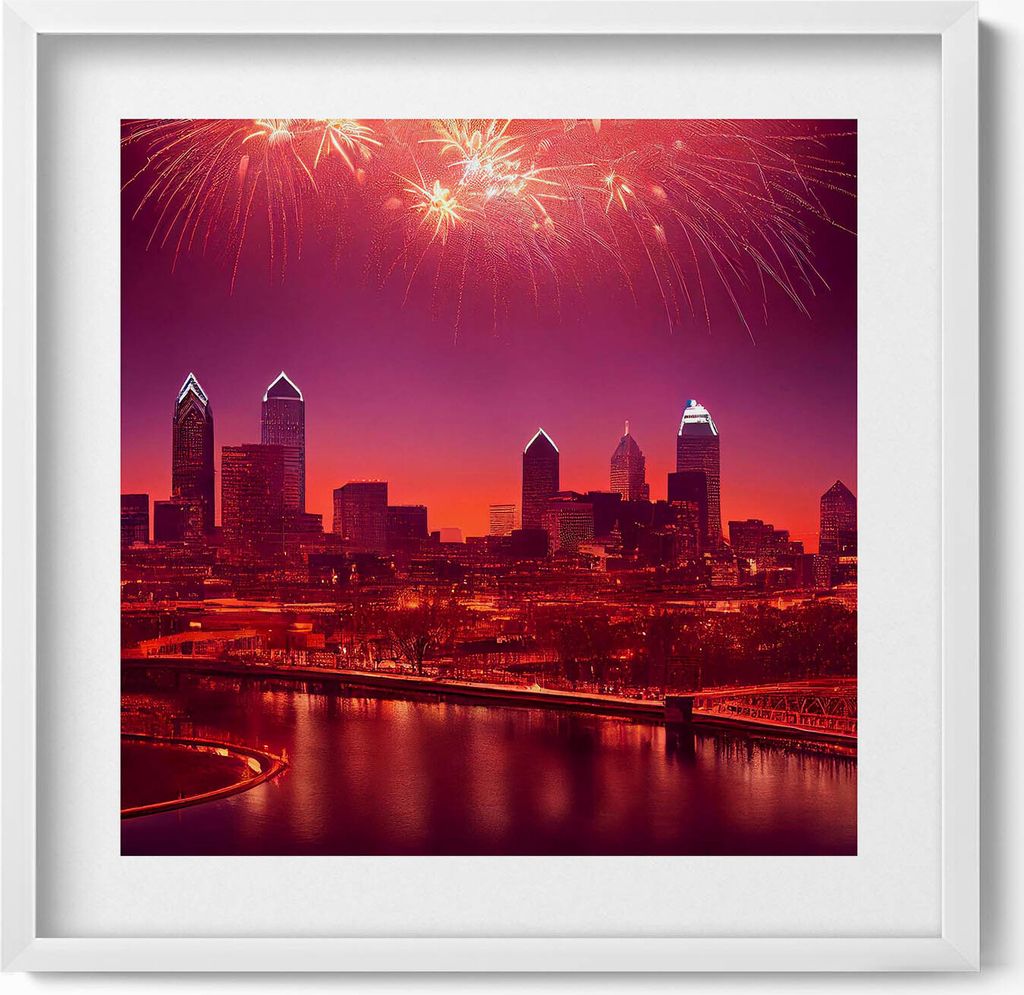 Stadt bei Nacht Feuerwerk in Philadelphia– Wandbild mit Rahmen – Gerahmtes Bild – Wanddekoration – 50x50 cm – Weiß Rahmen