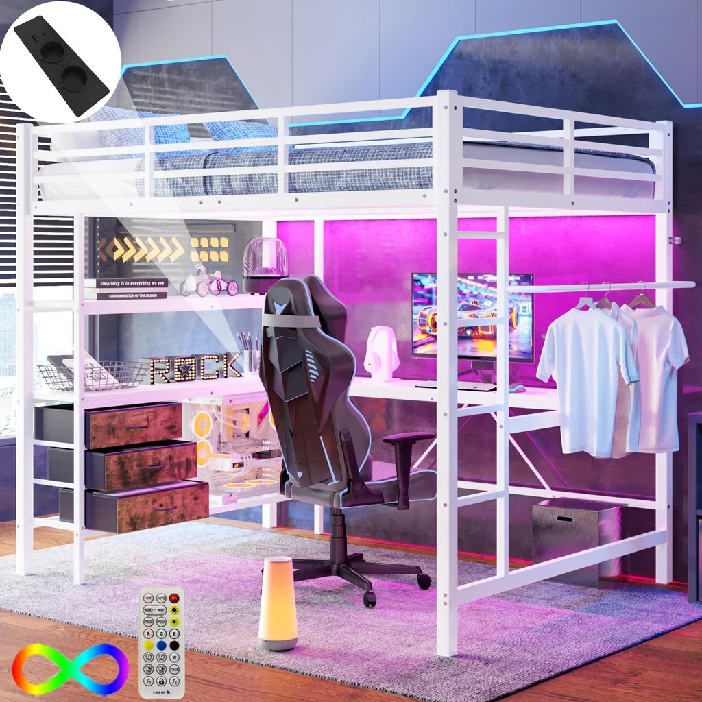Merax Etagenbett Hochbett 140x200 cm, mit LED, Schreibtisch mit Steckdose und USB, 3 Schubladen, Regale, Aufhänger, Stockbett Kinderbett, Weiß