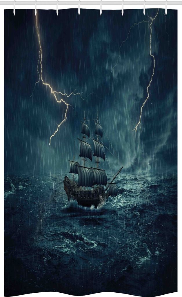 ABAKUHAUS Schiff Schmaler Duschvorhang, Pirate Vintage Schiffs, Badezimmer Deko Set aus Stoff mit Haken, 120 x 180 cm, Dunkelblau Weiß
