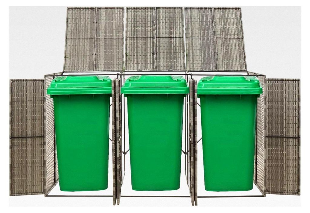 Mülltonnenbox aus PE-Rattan für 3 Tonnen mit abschließbaren Türen, grau, 207 x 80 x 117 cm